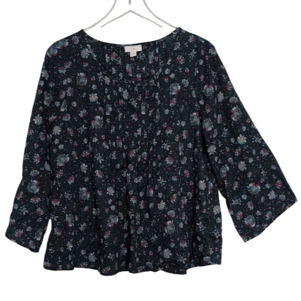 J Jill Floral Shirt Womens Size Medium Green Folkloric Vine Pleated Lightweight